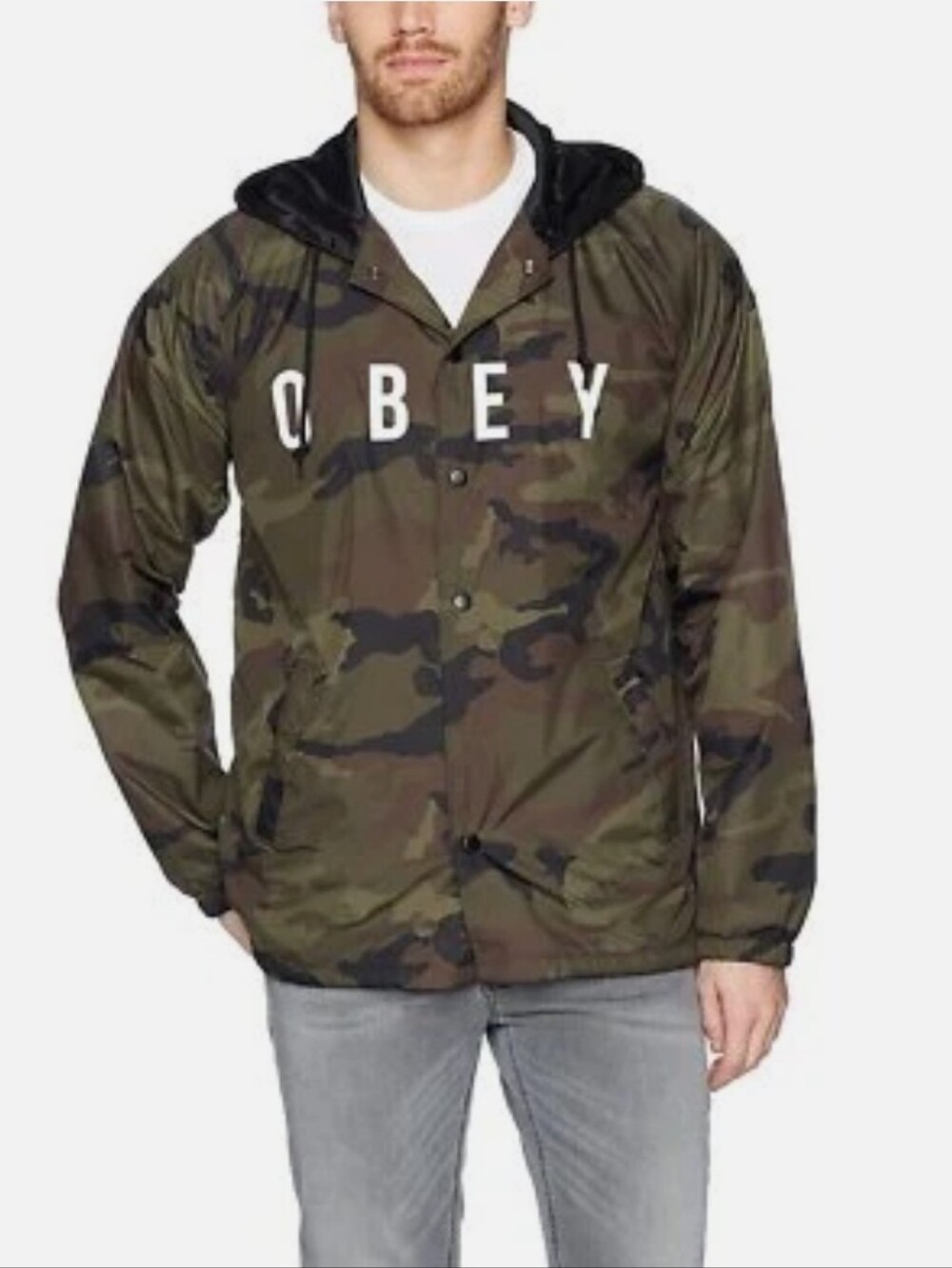 Obey Anyway Men's Olive Green Camo Hooded Windbreaker Sz L Preowned
